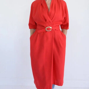 Vintage Petites by Demaro Red Wrap Style with Belt Midi Short Sleeve Dress